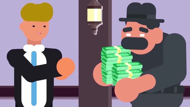 2D Animated Masked Thief Robbing Stack of Cash Money from Businessman at Night Street Flat Vector Character Animation Footage