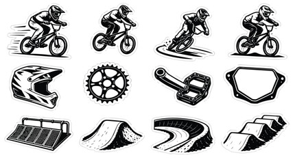 Obraz premium BMX Riders, Bike Gear, Track Elements Vector Sticker Collection