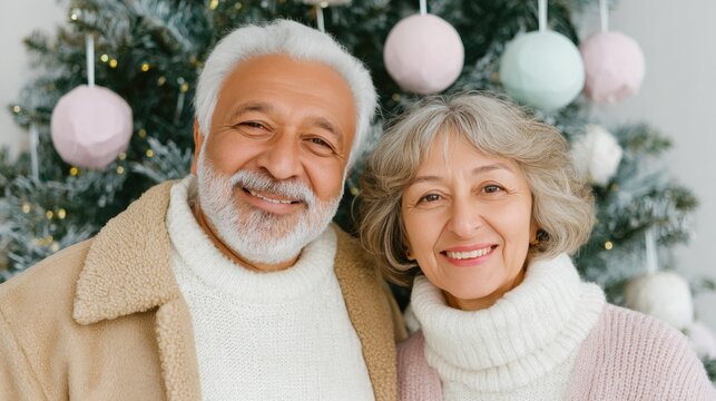 Joyful couple celebrating Christmas together with colorful decorations at home in a cozy atmosphere creating memories
