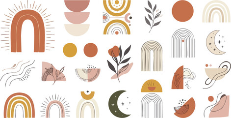 Boho aesthetic rainbow and abstract shapes collection with geometric moon and sun elements © MDMUKTADIR