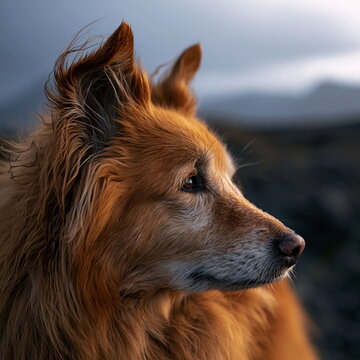 Alert Icelandic Sheepdog Gazing Intently Under Soft Morning Light on Rugged Volcanic Terrain, Embodying Loyalty and Grace
