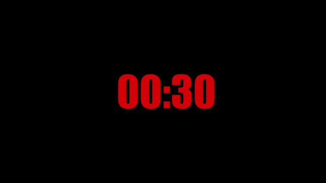 1 Minute countdown animation on black background.One minute countdown animation from 60 seconds to 0 seconds on a transparent background, One minute countdown timer with alpha channel.4k video