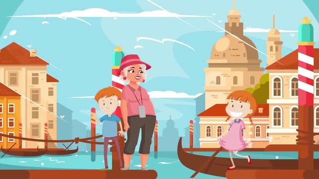 2D Animated Family with Kids Standing by Venice Canal with Gondola and Historic Cathedral Flat Vector Character Animation Footage