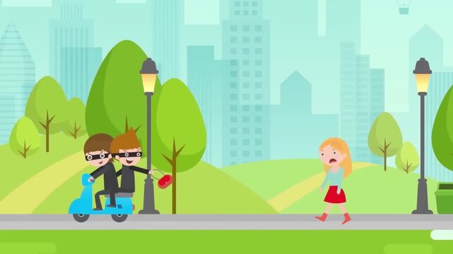 2D Animated Thief on Scooter Snatching Handbag from Woman Walking in City Park Flat Vector Character Animation Footage