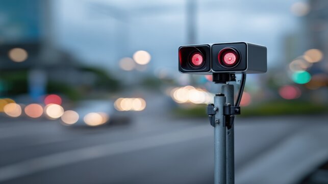 High-tech traffic surveillance camera with red light in urban city setting, monitoring road traffic flow during dusk hours, modern technology in action