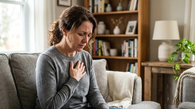 Mature woman clutching chest experiencing sudden physical pain at home