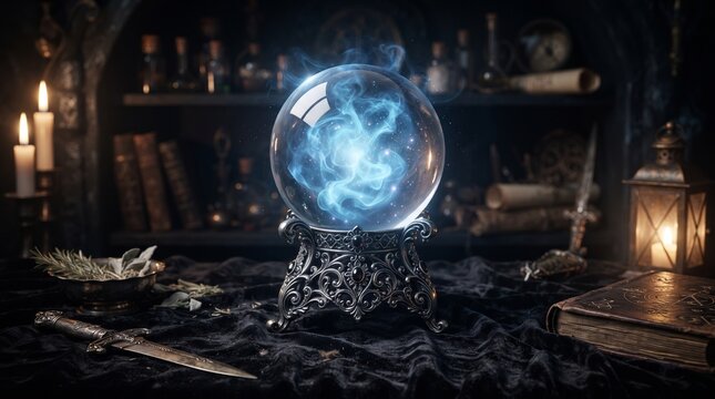 Glowing Magic Crystal Ball with Blue Smoke on Mystical Dark Background