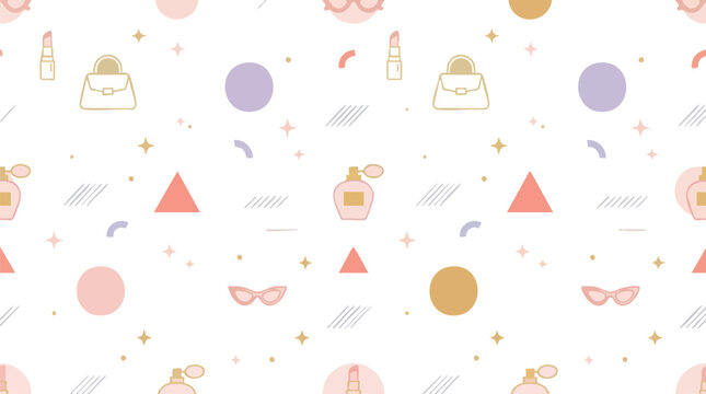 Cute girly pattern with fashion accessories and makeup on transparent background