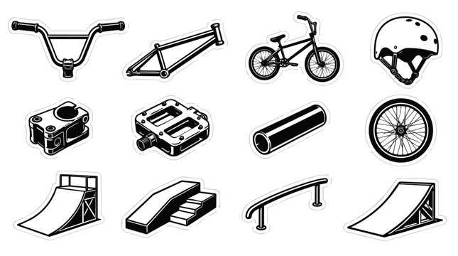 BMX Bike Parts and Skatepark Obstacles Vector Sticker Collection