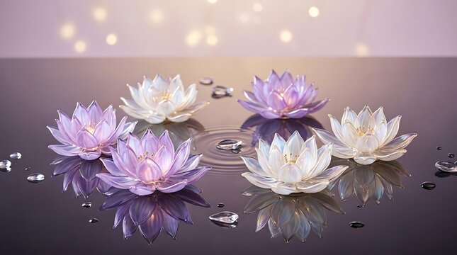 Floating glass lotus flowers on dark water surface with soft bokeh background floating translucent reflection serenity artistic aesthetic delicate stillness peaceful botanical meditation
