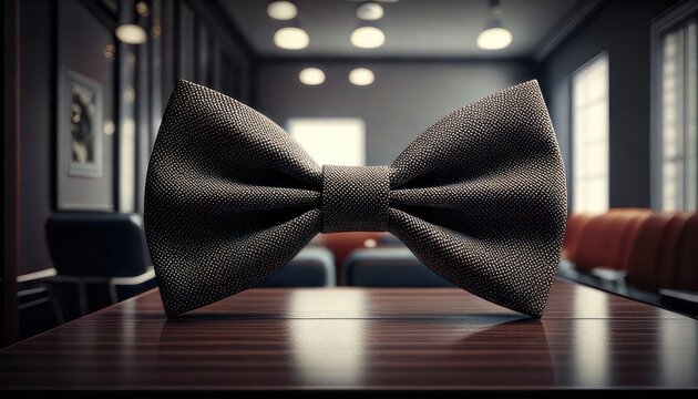 Elegant black bowtie on wooden table.