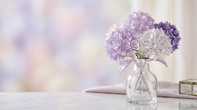 Purple and white hydrangea bouquet in glass vase on marble tabletop with hydrangea blooming decoration interior botanical arrangement romantic background minimalist celebration feminine