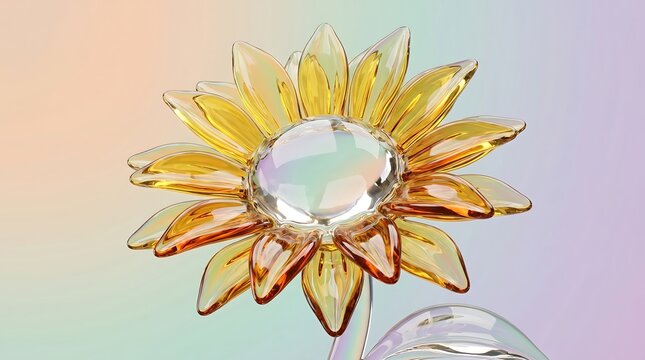 Sparkling yellow crystal sunflower figurine against soft pastel background with sunflower figurine decorative ornament botanical background iridescent translucent refraction artistic