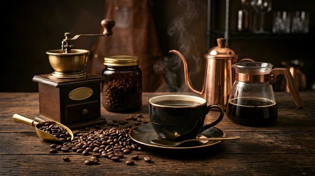 Freshly brewed coffee steaming in a copper pot. Premium roasted arabica beans and vintage grinder on rustic wooden table.