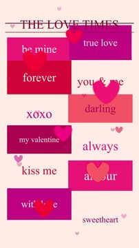 Animated newspaper Valentine background with love quotes, romantic typography pattern