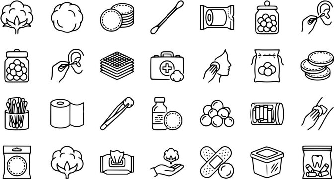 Healthcare  Hygiene Cotton Products Line Art Icons. Medical Supplies, Personal Care  Beauty Outline Symbols Collection.