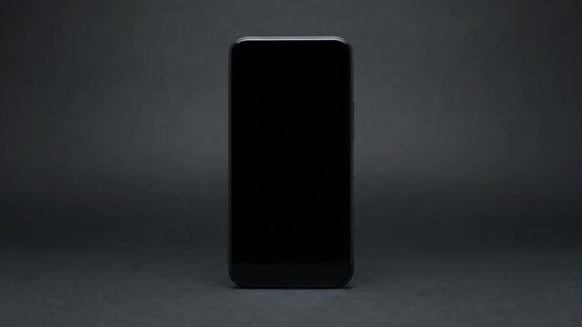 Smartphone with blank black screen standing on dark background with light reflection.