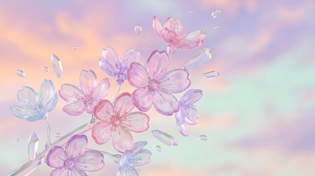 Floating glass cherry blossom flowers against ethereal pastel sky background with floating ethereal background translucent artistic delicate aesthetic decoration beautiful botanical abstract