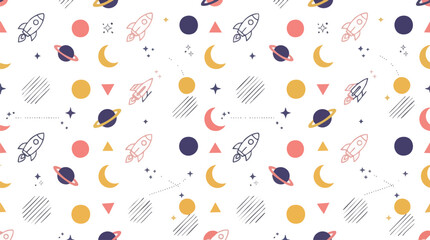 Outer space seamless pattern with rockets and planets on abstract geometric background © MDMUKTADIR