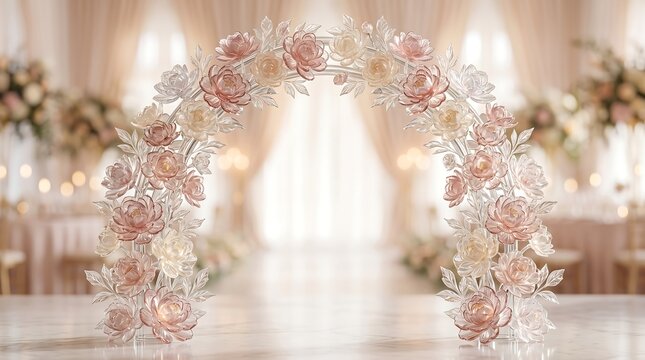 Crystal floral wedding archway with soft bokeh lighting ceremony reception backdrop romantic lighting celebration marriage glamorous sophisticated charming beautiful glittery decorations