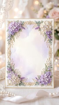 Purple floral border invitation frame with soft glow invitation stationery lavender template romantic botanical lighting background celebration feminine artistic decorative marriage