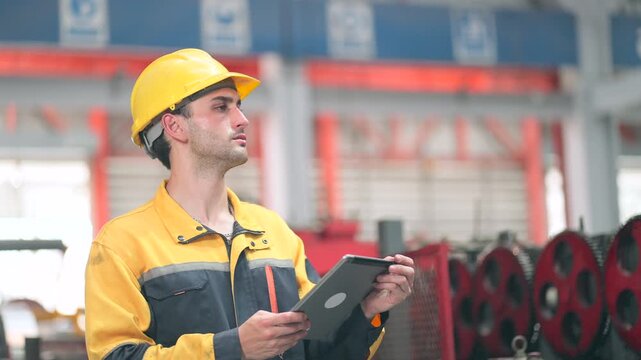 Engineers expertise or production technicians examine industrial machinery, equipment performance, reviewing maintenance schedules, troubleshooting manufacturing problems, and efficient factory operat