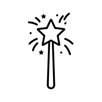Magic wand icon with sparkles, simple black line art vector