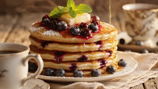 Stack of Fresh Blueberry Pancakes with Melting Butter and Pouring Maple Syrup for Breakfast