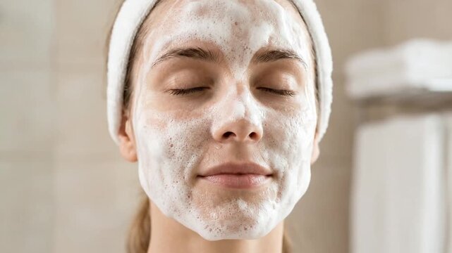 Young woman with closed eyes and foaming cleanser mask on face relaxing in bathroom