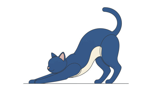 Minimalist line art of a graceful cat arching its back in a deep stretch with elegant flowing curves and rounded organic forms isolated on white background