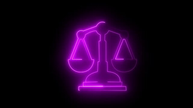 Glowing pink neon balance scale icon concept. law animation transition masks animation. 4k video...