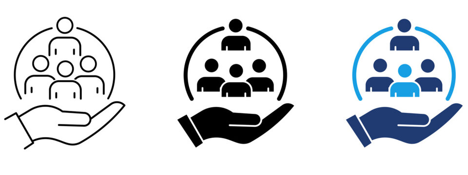 Customer care icon set showing hand holding people group. Symbol of community protection, human resources, customer support, insurance, inclusion, team care, and social security.