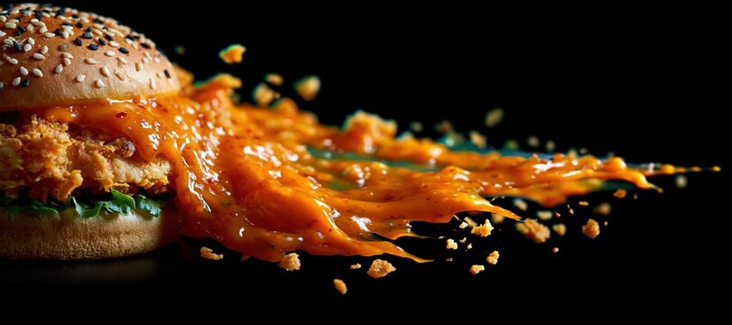 Crispy chicken burger with spicy sauce swirl and crumbs in dramatic studio lighting