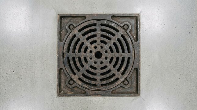 A top down view of a square metal storm drain grate set into a light colored concrete sidewalk surface