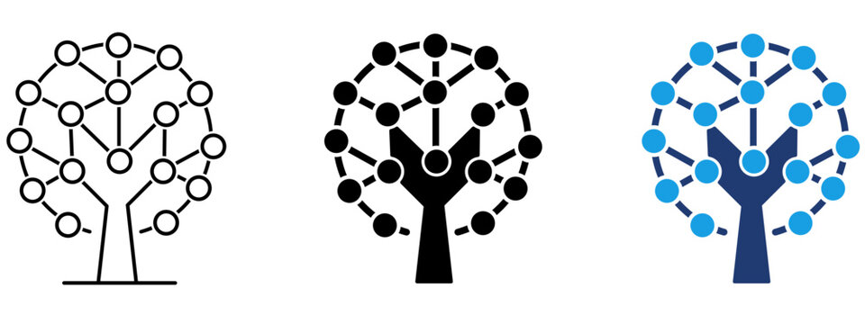 Tech tree icon set with connected network nodes. Symbol of data network, genealogy, digital connection, decision tree, algorithm, technology growth, structure, and machine learning.