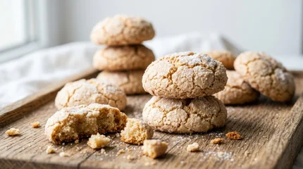 Delicious homemade almond cookies with powdered sugar dusting sit on a rustic wooden board, showing crunchy texture and soft interior. Perfect for bakery promotion and sweet dessert food concepts © Dean