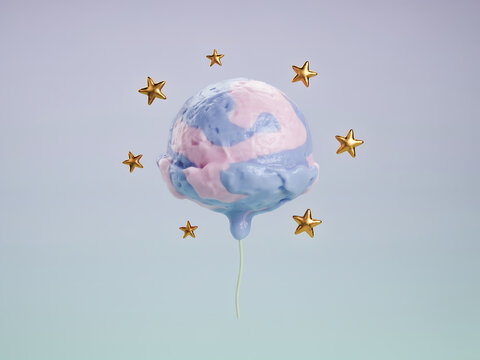Conceptual planet earth balloon floating with golden star icons floating environment decoration celebration discovery astronomy abstract