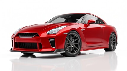 Fototapeta premium Red sports coupe car on white background. Modern luxury vehicle with high performance design.