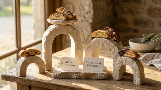 Premium artisan biscotti cookies elegantly displayed on minimalist stone arch pedestals, featuring crunchy almond and chocolate cantuccini in the sunlit rustic kitchen setting for high end bakery ads.