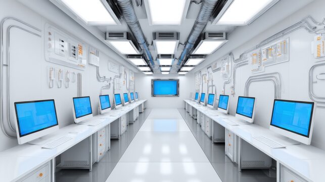 Modern Computer Lab with Multiple Workstations and Sleek Design Featuring Bright Lighting and Clean Lines, Ideal for Educational or Professional Use