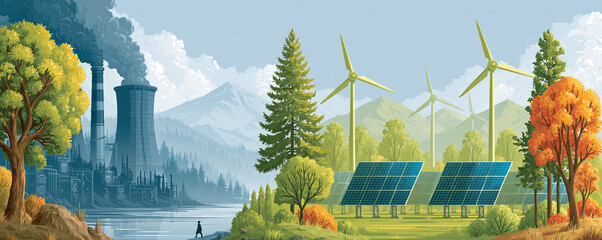 Obraz premium A landscape divided between a polluted industrial area and a clean, renewable energy site with solar panels and wind turbines, illustrating the shift towards sustainable energy. The scene includes