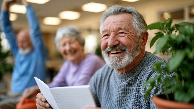 Elderly residents enjoying wellness morning in bright shared lounge