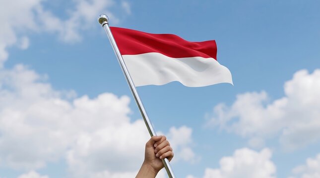 Low angle view of hand holding Indonesian flag waving against sunny blue sky background