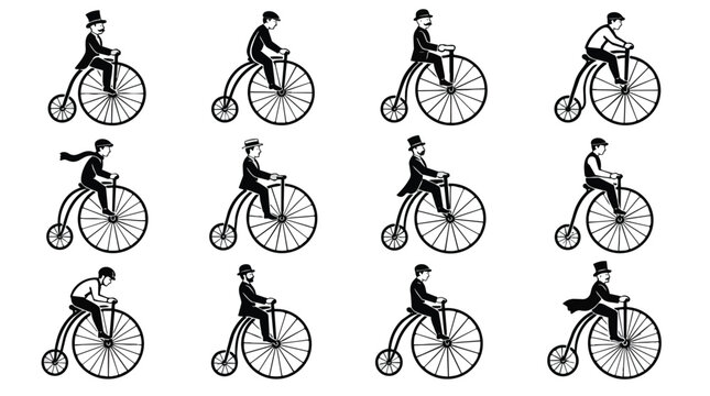 Elegant Vintage Men Riding High Wheel Penny-Farthing Bicycles Collection
