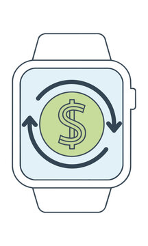 Smartwatch displaying a digital payment symbol with circular motion arrows for contactless money transfer and seamless financial technology concept