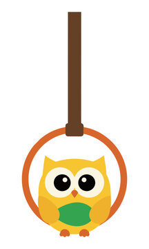 Cute yellow owl character holding a green leaf hanging from an orange ring on a fabric strap isolated on a white background minimalist nature concept