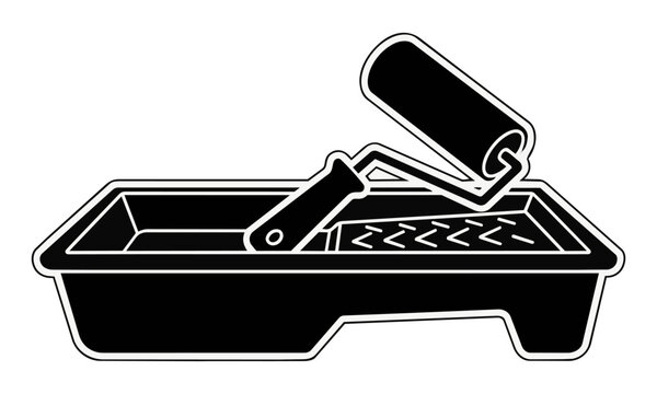 Minimalist black and white paint roller and tray isolated on white background home renovation and diy concept