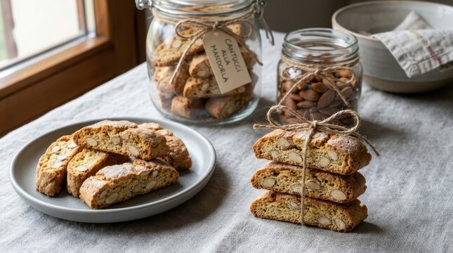 Traditional Italian cantucci biscotti with crunchy almonds served on a grey plate and stored in glass jars on a rustic linen tablecloth near a window, showcasing delicious fine artisanal baked sweets.