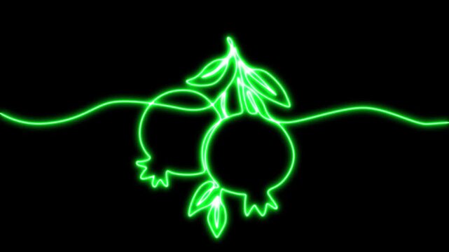 Fresh Organic Produce Symbol and Luminous Neon Pomegranate 4k Animation on Black Background. Glowing Exotic Fruit Outline,  Healthy Food and Natural Nutrition Graphic animated.