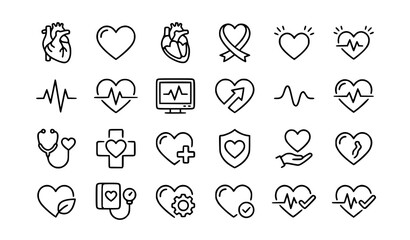 Fototapeta premium Heart and Heartbeat Icon Set with Pulse Cardiogram and Medical Cross Symbols for Healthcare and Cardiology Design